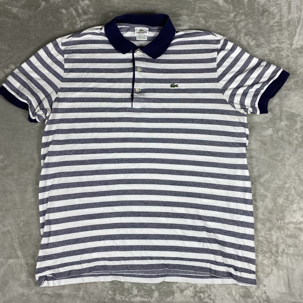 Lacoste Polo Shirt Mens XL Size 6 White Blue Striped Short Sleeve Cotton